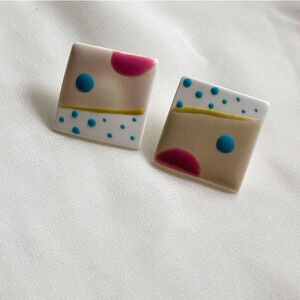 VTG 80's Pink Blue White Square Earrings